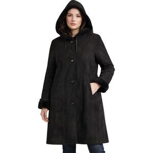 Aston Sheepskin Shearling Coat Leather Drawstring Hooded Button Front Brown 10